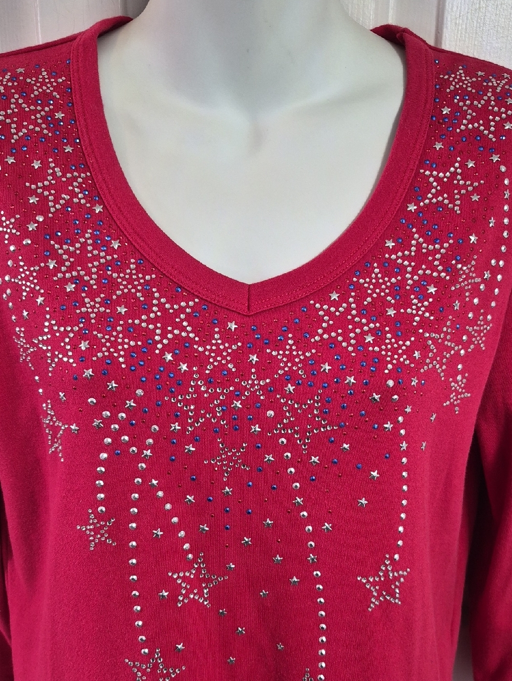 Red V-Neck Star Embellished Top